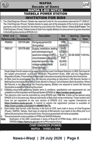 Newspaper clipping: WAPDA Tarbela Power Station E-Bid Notice – Diving Equipment & LV Circuit Breakers (Bids Close 2026-08-20), Nawa-i-Waqt, 29 Jul 2026