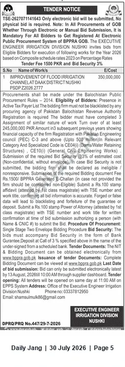 Newspaper clipping: Tender: Improvement of Flood Irrigation Channel (Daak) — Executive Engineer Irrigation Division Nushki, Jang, 30 Jul 2026