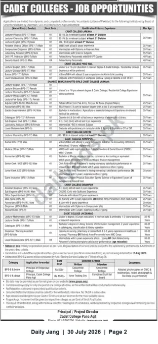 Newspaper clipping: Cadet Colleges – Multiple Teaching & Administrative Vacancies (Sindh), Jang, 30 Jul 2026