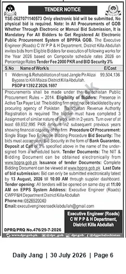 Newspaper clipping: Tender: Widening & Rehabilitation of Jangle Pir Alizai Bypass to Kill Maizai, Killa Abdullah (2026), Jang, 30 Jul 2026