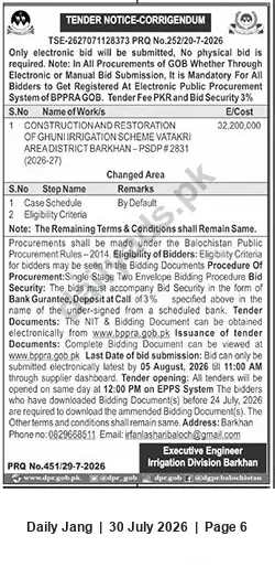 Newspaper clipping: Corrigendum Tender: Construction & Restoration of Ghuni Irrigation Scheme, Vatakri Area, Barkhan (PSDP #2831, 2026–27), Jang, 30 Jul 2026