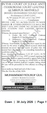 Newspaper clipping: Anti-Terrorism Court Summons — State v. Noor Hassan & Others (Special Case No. 06/20), Dawn, 30 Jul 2026