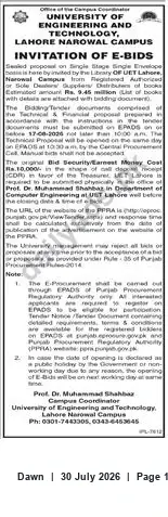 Newspaper clipping: UET Lahore Narowal Campus Invitation for e-Bids for Books (Est. Rs. 9.45 million), Dawn, 30 Jul 2026