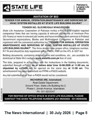 Newspaper clipping: Tender: Annual Operation, Maintenance & Servicing of HVAC — State Life Building Gujrat (SLIC/RE/GUJ/HVAC/07/2026), The News International, 30 Jul 2026