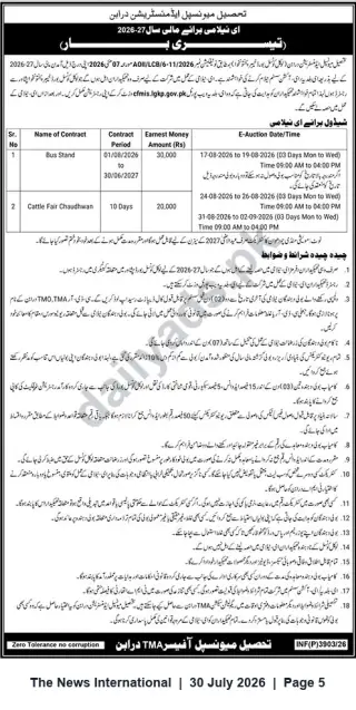 Newspaper clipping: TMA Daraban E-Auction — Bus Stand & Cattle Fair Contracts for FY 2026-27, The News International, 30 Jul 2026