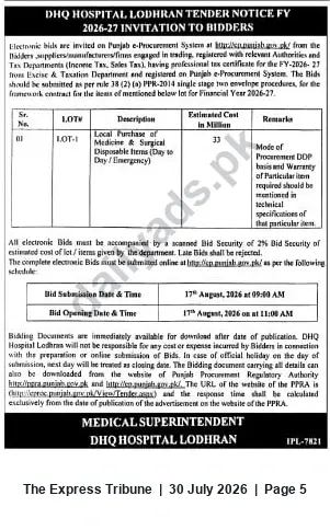 Newspaper clipping: DHQ Hospital Lodhran Tender: Supply of Medicines & Surgical Disposable Items (FY 2026-27), The Express Tribune, 30 Jul 2026