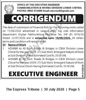 Newspaper clipping: Corrigendum: Financial Bid Submission Extended for C&W Division Lower Chitral Works, The Express Tribune, 30 Jul 2026