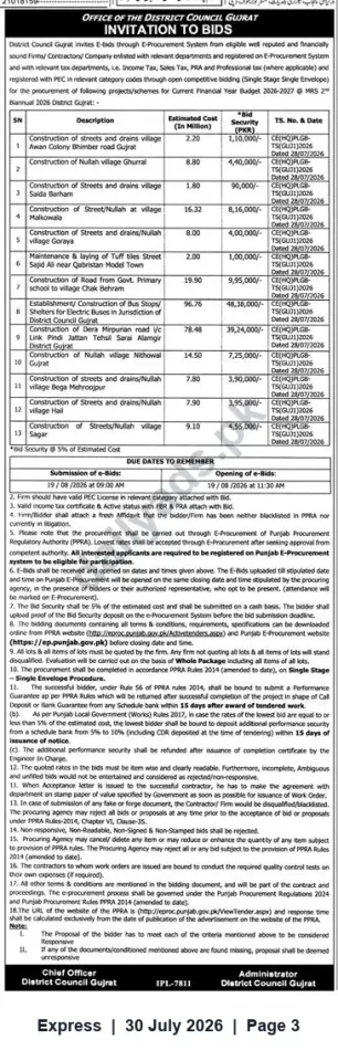Newspaper clipping: District Council Gujrat Invitation to Bids – Civil Works (Budget 2026-27), Express, 30 Jul 2026