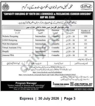 Newspaper clipping: Free Capacity Building in E-Commerce & Freelancing (Sukkur Division) — SiSTech, Express, 30 Jul 2026