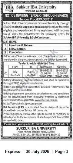 Newspaper clipping: Tender: Supply of Furniture, Fixtures, Letters and Computers — Sukkur IBA University (EPADS), Express, 30 Jul 2026