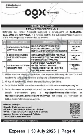 Newspaper clipping: OGDCL Extension Notice – Revised Bid Deadlines for Drilling, Frac Consultancy and Equipment Overhaul Contracts, Express, 30 Jul 2026