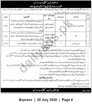 Newspaper clipping: District & Sessions Court Mohmand — Vacancies: Computer Operator, Chowkidar, Sanitary Worker, Express, 30 Jul 2026