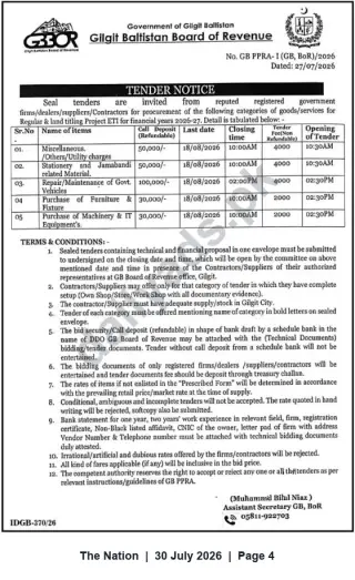 Newspaper clipping: Gilgit-Baltistan Board of Revenue Tender Notice – Multiple Supplies & Services (Closing 2026-08-18), The Nation, 30 Jul 2026