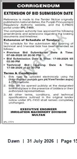 Newspaper clipping: Corrigendum — Extension of Bid Submission Date (Irrigation Machinery Division, Multan), Dawn, 31 Jul 2026