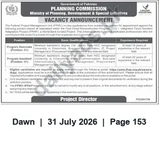 Newspaper clipping: Planning Commission (IFRAP) Vacancies — Program Associate & Program Assistant in Islamabad, Dawn, 31 Jul 2026