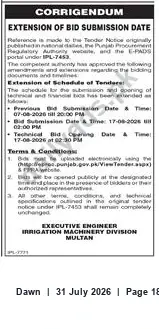 Newspaper clipping: Corrigendum: Extension of Bid Submission for Tender IPL-7453 — Irrigation Machinery Division Multan, Dawn, 31 Jul 2026