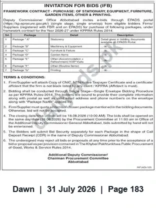 Newspaper clipping: IFB: Deputy Commissioner Abbottabad — Framework Contract for Stationery, Equipment, Furniture & Printing (2026-27), Dawn, 31 Jul 2026