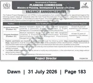 Newspaper clipping: Planning Commission Vacancies — Program Associate & Program Assistant for IFRAP (Islamabad), Dawn, 31 Jul 2026
