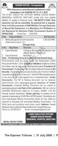 Newspaper clipping: Corrigendum Tender: Supply of Medical Equipment & Accessories — Nawab Ghous Baksh Memorial Hospital, Mastung, The Express Tribune, 31 Jul 2026