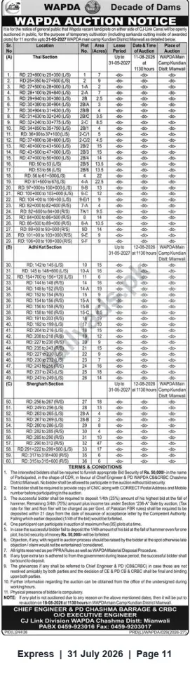 Newspaper clipping: WAPDA Auction — Temporary Cultivation Plots along CJ-Link Canal, Kundian (Mianwali) — Aug 2026, Express, 31 Jul 2026