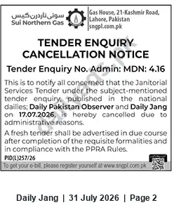 Newspaper clipping: SNGPL Cancels Janitorial Services Tender — Tender Enquiry No. Admin: MDN: 4.16, Jang, 31 Jul 2026