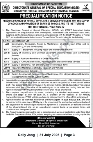 Newspaper clipping: DGSE Islamabad Prequalification Notice for Supply of Goods & Services (FY 2026-27), Jang, 31 Jul 2026