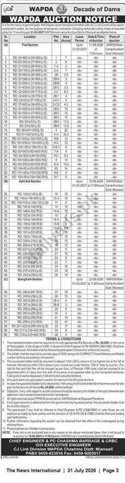 Newspaper clipping: WAPDA Public Auction: CJ-Link Canal Vacant Plots for Temporary Cultivation – Mianwali (Aug 11–13, 2026), The News International, 31 Jul 2026