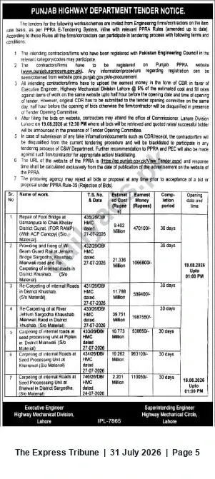 Newspaper clipping: Punjab Highway Department — Tender Notice (Highway Mechanical Division, Lahore), The Express Tribune, 31 Jul 2026