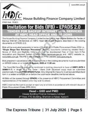Newspaper clipping: HBFC IFB: Tender for Backup Internet Link/Services at Head Office & Regions, The Express Tribune, 31 Jul 2026
