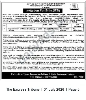 Newspaper clipping: Invitation for Bids: Upgradation of Main Building at University of Home Economics, Lahore, The Express Tribune, 31 Jul 2026