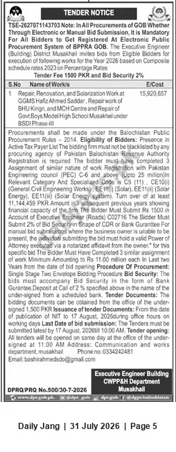 Newspaper clipping: Tender: Repair, Renovation & Solarization Works — Govt. Boys Model High School & Health Facilities, Musakhel, Jang, 31 Jul 2026
