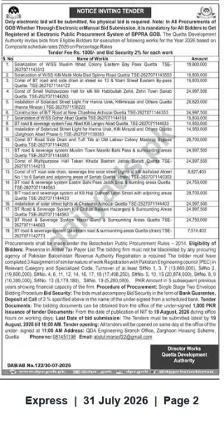 Newspaper clipping: Quetta Development Authority: Notice Inviting Tenders for 20 Civil Works (2026), Express, 31 Jul 2026