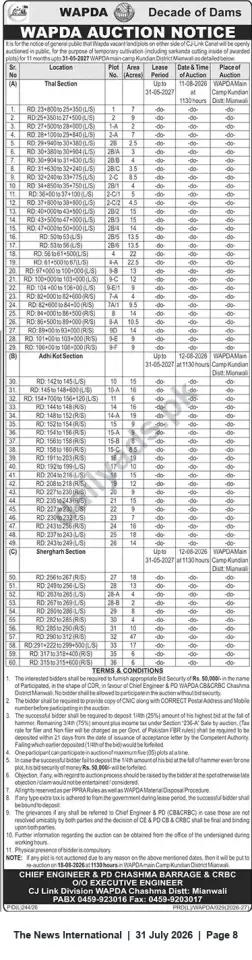Newspaper clipping: WAPDA Public Auction – Temporary Cultivation Plots along CJ-Link Canal, Mianwali (Auctions 11–12 Aug 2026), The News International, 31 Jul 2026