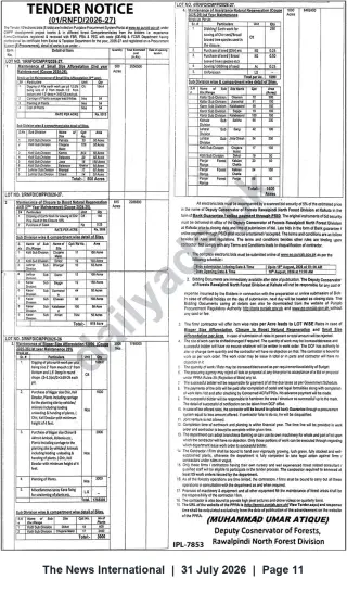 Newspaper clipping: Tender Notice — Maintenance & Afforestation Works, Rawalpindi North Forest Division (Kahuta), The News International, 31 Jul 2026