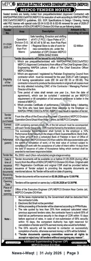 Newspaper clipping: MEPCO Tender 01-DGK/2026-27 — Safe Handling & Shifting of HT/LT Poles (Operation Division D.G. Khan), Nawa-i-Waqt, 31 Jul 2026