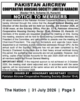 Newspaper clipping: Pakistan Aircrew Cooperative Housing Society AGM & Election — 3 October 2026, The Nation, 31 Jul 2026
