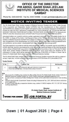 Newspaper clipping: Tender Notice: Pir Abdul Qadir Shah Jeelani Institute of Medical Sciences, Gambat — Devices Procurement, Dawn, 01 Aug 2026