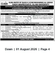 Newspaper clipping: Sindh Madressatul Islam University — Cooperative Faculty & Lab Instructor Opportunities, Dawn, 01 Aug 2026