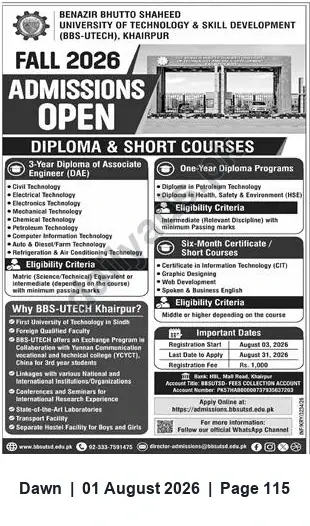 Newspaper clipping: BBS-UTECH Khairpur — Fall 2026 Admissions: DAE, One-Year Diplomas & Short Courses, Dawn, 01 Aug 2026