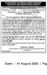 Newspaper clipping: Taxation & Anti-Smuggling N.I. Karachi — Court Case (Case No: LAGOTO), Dawn, 01 Aug 2026