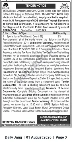Newspaper clipping: Tender: Supply of Sports Items (68) — Assistant Director Local Govt, Quetta, Jang, 01 Aug 2026