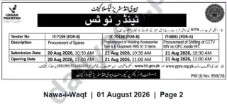 Newspaper clipping: Tender Notice — Heavy Industries Taxila (HIT): Procurement of Spares, Welding Accessories and CCTV Shifting, Nawa-i-Waqt, 01 Aug 2026