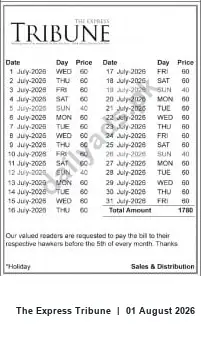 Newspaper clipping: Tribune: July distribution dates, per-issue prices & monthly hawker payment notice, The Express Tribune, 01 Aug 2026