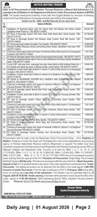 Newspaper clipping: Quetta Development Authority — Notice Inviting Tenders for Road, Sewerage, Street-lighting and Maintenance Works (2026), Jang, 01 Aug 2026