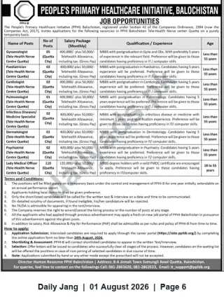 Newspaper clipping: PPHI Balochistan — Tele-Health Specialist & Lady Medical Officer Vacancies in Quetta (Apply by 2022-08-24), Jang, 01 Aug 2026