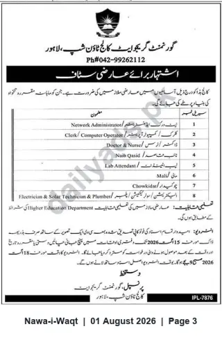 Newspaper clipping: Government Girls College Township Lahore — Temporary Staff Vacancies (Multiple Positions), Nawa-i-Waqt, 01 Aug 2026