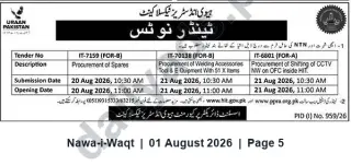Newspaper clipping: Heavy Industries Taxila Tender Notice – Procurement of Spares, Welding Accessories and CCTV Shifting (Aug 2026), Nawa-i-Waqt, 01 Aug 2026