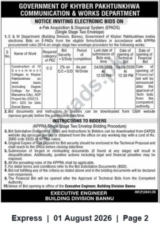 Newspaper clipping: C&W Dept (Building Division Bannu) Invites e-Bids for Construction of 10 Government Colleges (ADP Project No.250273), Express, 01 Aug 2026
