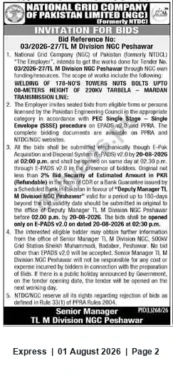 Newspaper clipping: NGC Tender 03/2026-27 — Welding of 178 Towers (220kV Tarbela–Mardan) — Peshawar, Express, 01 Aug 2026