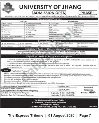 Newspaper clipping: University of Jhang – Admissions Open Phase-I for Fall 2026 (Undergraduate & Postgraduate), The Express Tribune, 01 Aug 2026